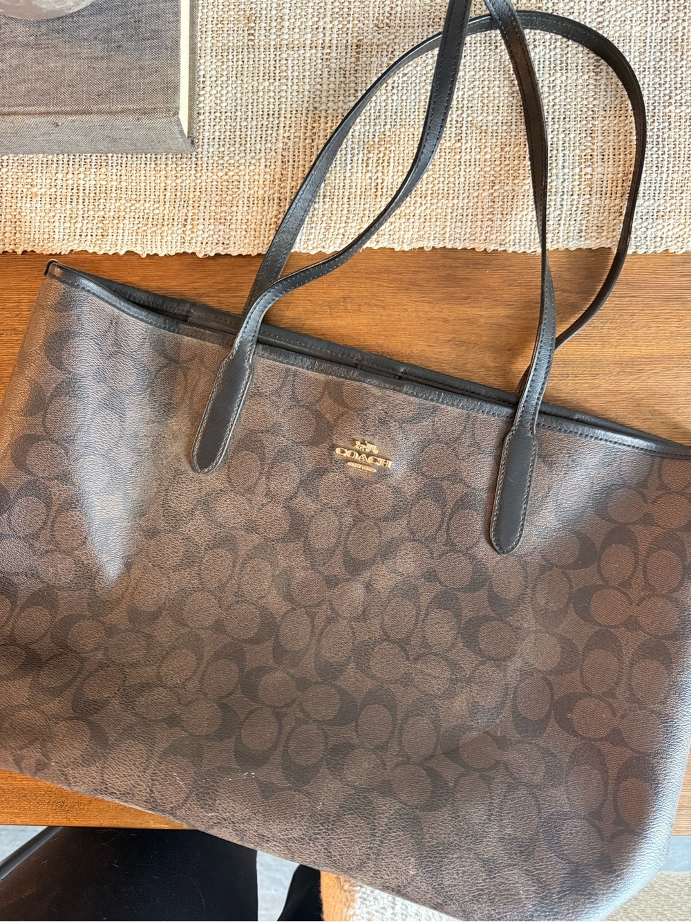 Coach Brown Signature Canvas Tote with Dark Leather Trim